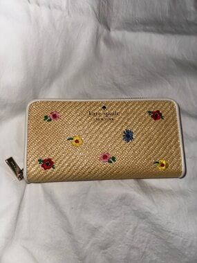 kate spade Natural Straw Zip Wallet with Multicolor Floral Embroidery